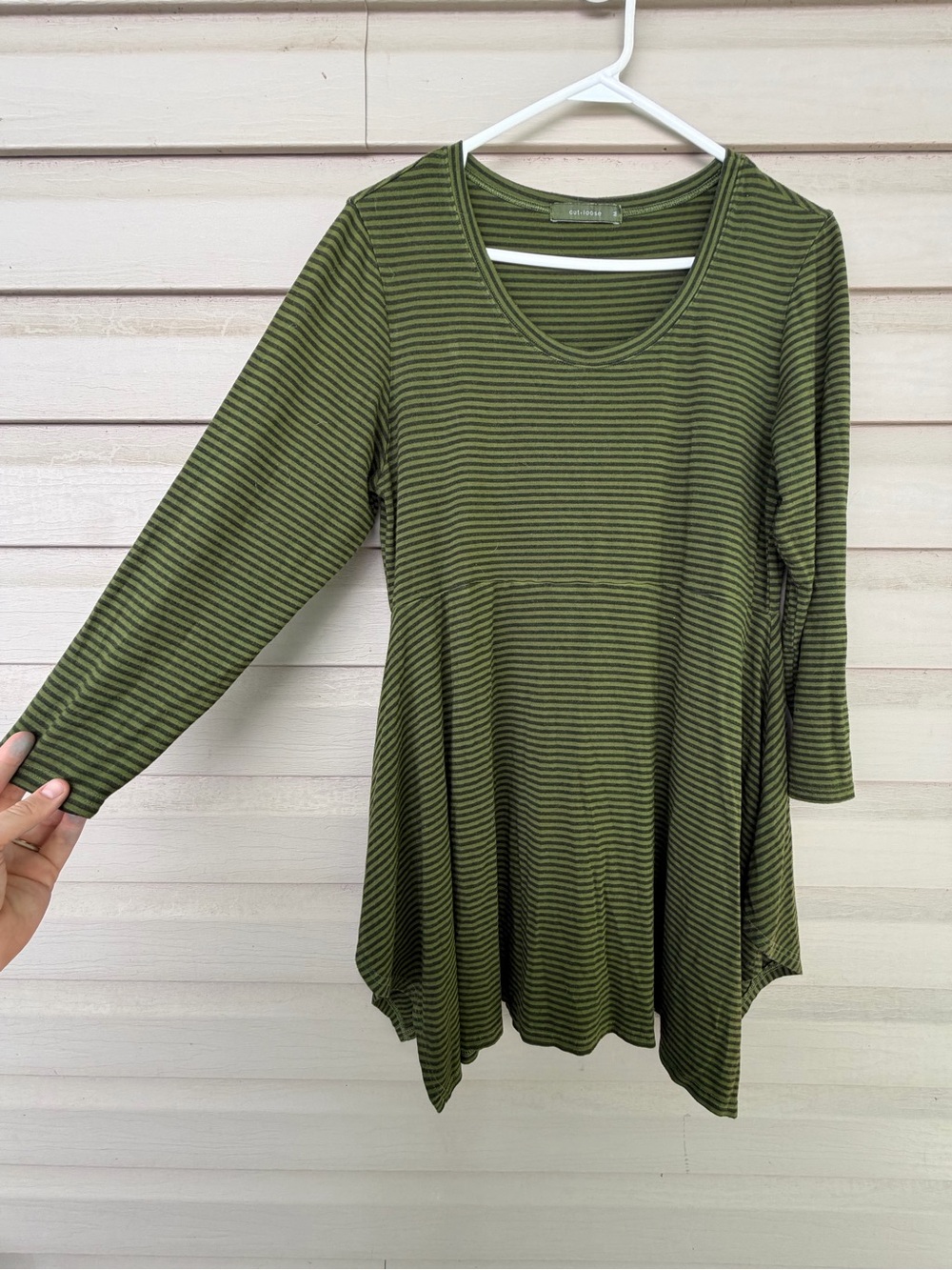 Cut Loose Medium Olive Green Striped Swing Tunic Top Made in USA Artsy Boho